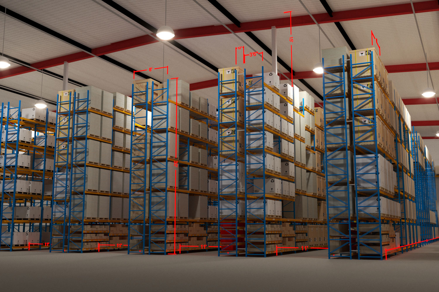model warehouse facility aisles stacked boxes